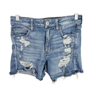 Womens American Eagle Blue Denim Shorts Hi Rise Shortie Distressed 4" Inseam 6